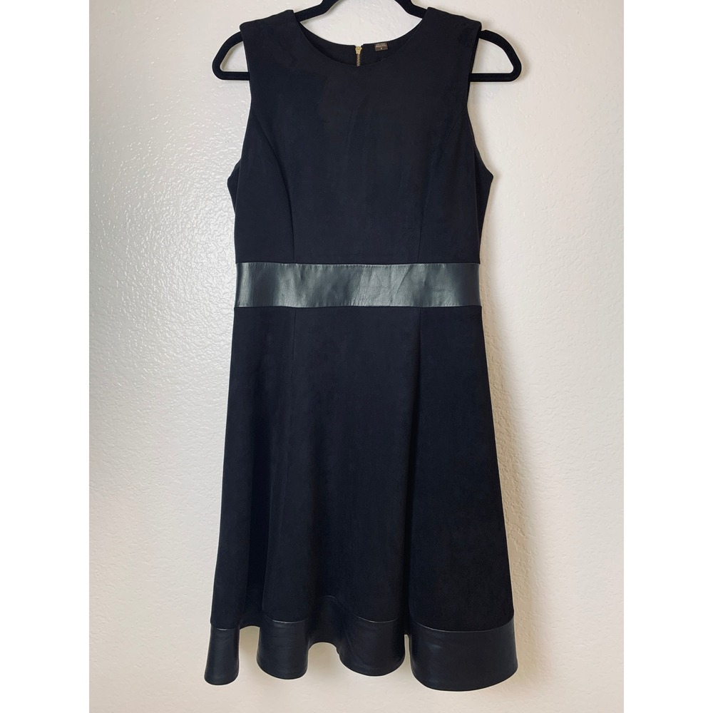 Calvin Klein Faux Suede Dress Women 8 Black Leather Trim Sleeveless A-Line Edgy